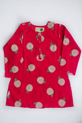 Red multicolor hand screen printed girls ethnic wear- set of 2 3