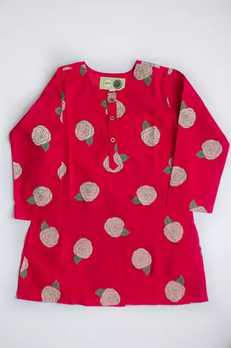 Red multicolor hand screen printed girls ethnic wear- set of 2
