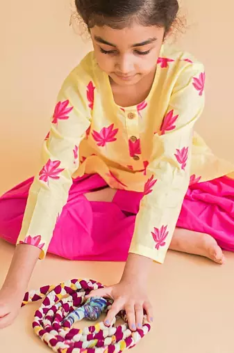 Yellow fuchsia hand screen printed girls ethnic wear- set of 2