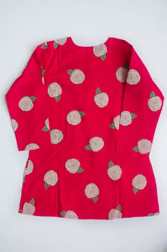 Red multicolor hand screen printed girls ethnic wear- set of 2