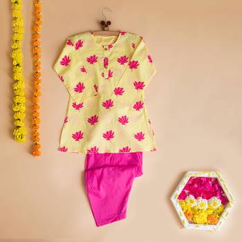 Yellow fuchsia hand screen printed girls ethnic wear- set of 2 3