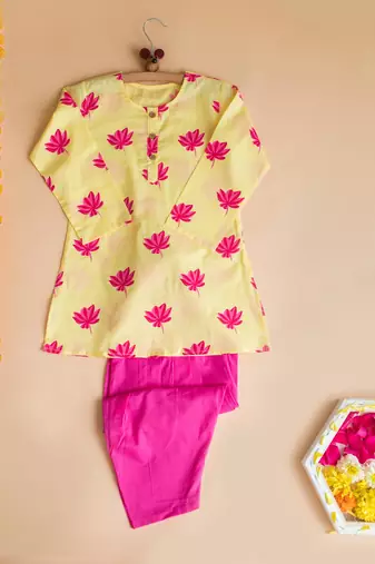 Yellow fuchsia hand screen printed girls ethnic wear- set of 2
