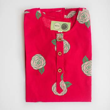 Red multicolor hand screen printed girls ethnic wear- set of 2 5