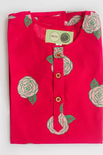 Red multicolor hand screen printed girls ethnic wear- set of 2