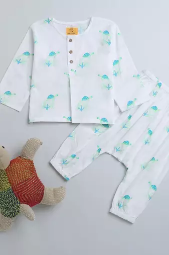 white multicolor hand screen printed unisex sleepwear set- set of 2