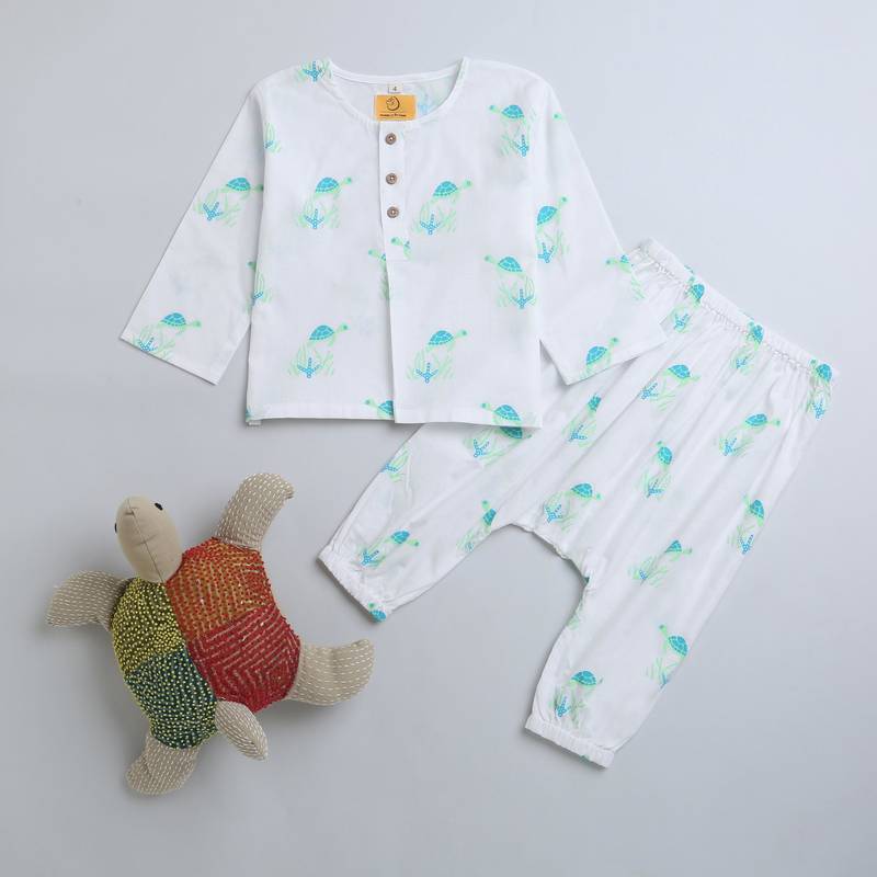white multicolor hand screen printed unisex sleepwear set- set of 2