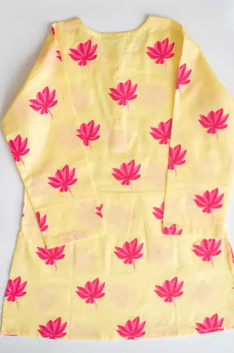 Yellow fuchsia hand screen printed girls ethnic wear- set of 2