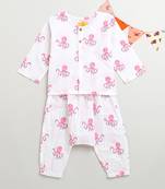 white pink hand screen printed unisex sleepwear set- set of 2