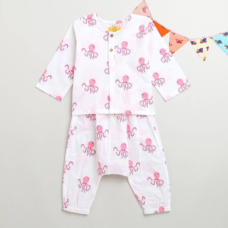 white pink hand screen printed unisex sleepwear set- set of 2