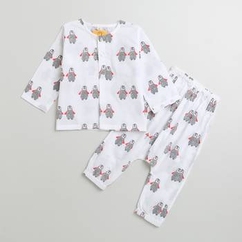 white multicolor hand screen printed unisex sleepwear set- set of 2 1