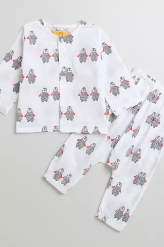 white multicolor hand screen printed unisex sleepwear set- set of 2