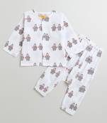 white multicolor hand screen printed unisex sleepwear set- set of 2