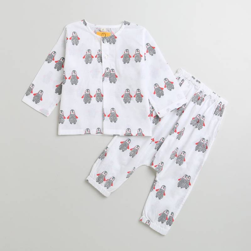 white multicolor hand screen printed unisex sleepwear set- set of 2