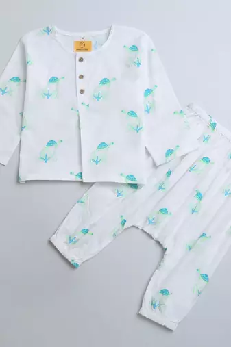 white multicolor hand screen printed unisex sleepwear set- set of 2