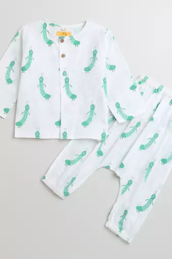 white green hand screen printed unisex sleepwear set- set of 2