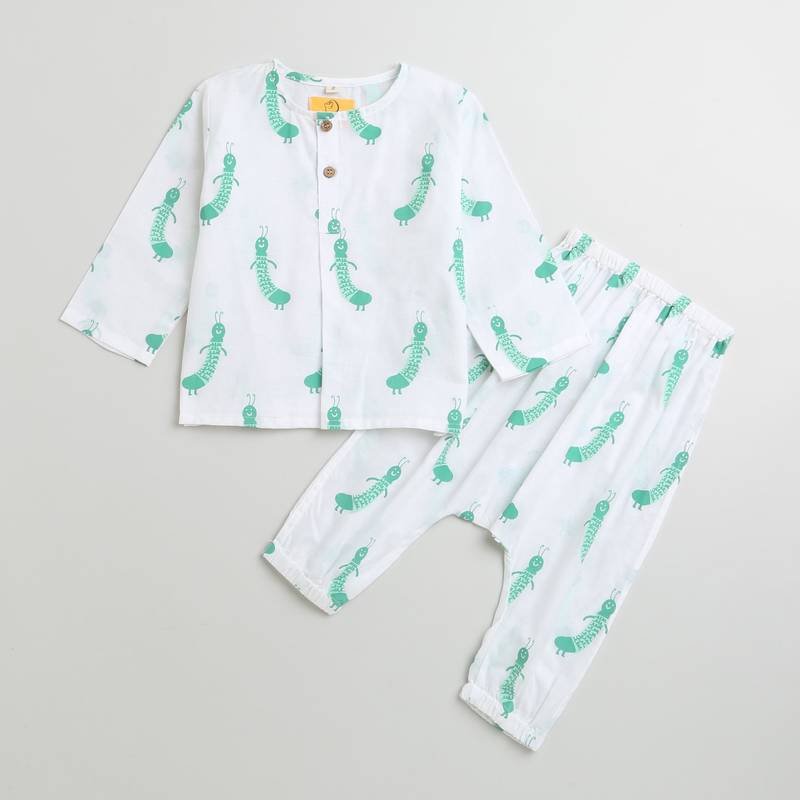 white green hand screen printed unisex sleepwear set- set of 2