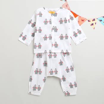 white multicolor hand screen printed unisex sleepwear set- set of 2 3