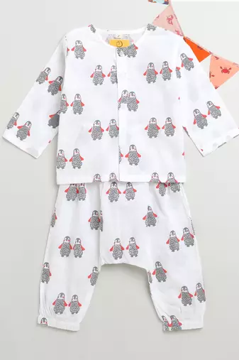 white multicolor hand screen printed unisex sleepwear set- set of 2