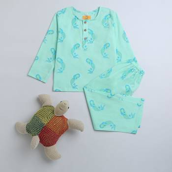 green multicolor hand screen printed unisex sleepwear set- set of 2 1