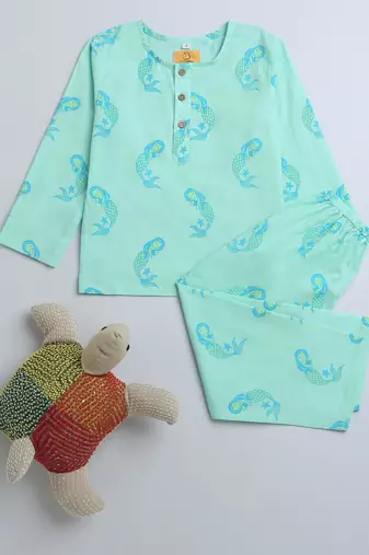 green multicolor hand screen printed unisex sleepwear set- set of 2