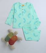 green multicolor hand screen printed unisex sleepwear set- set of 2