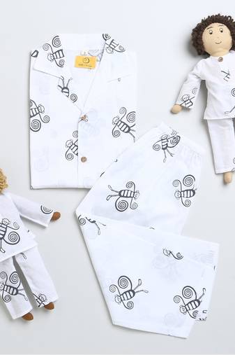 white black hand screen printed unisex sleepwear set- set of 2