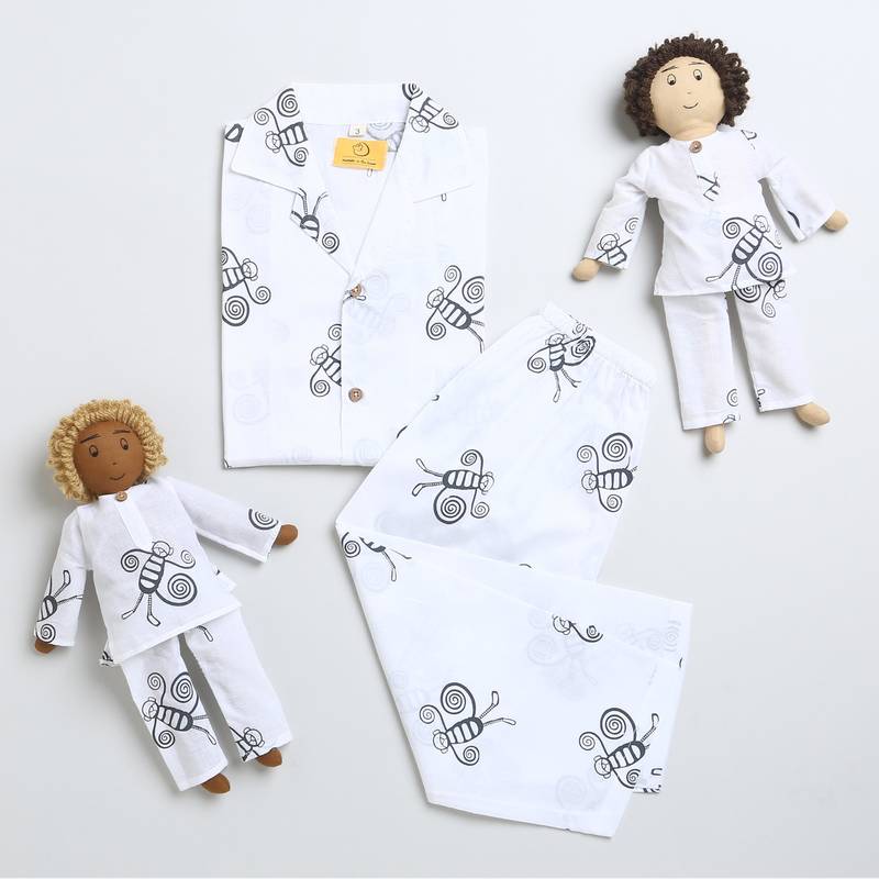 white black hand screen printed unisex sleepwear set- set of 2