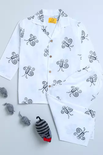 white black hand screen printed unisex sleepwear set- set of 2