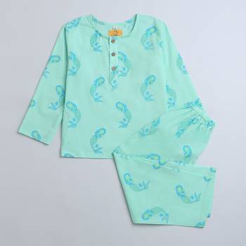 green multicolor hand screen printed unisex sleepwear set- set of 2 5
