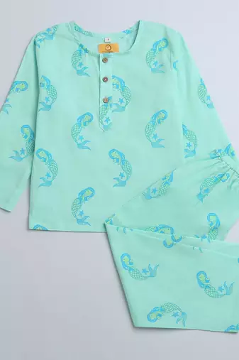 green multicolor hand screen printed unisex sleepwear set- set of 2