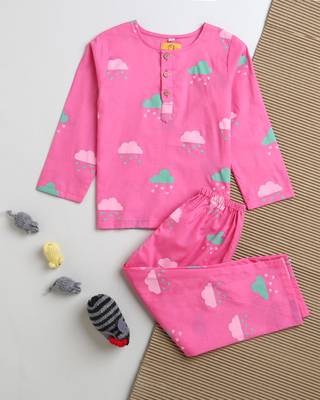 pink multicolor hand screen printed unisex sleepwear set- set of 2 1