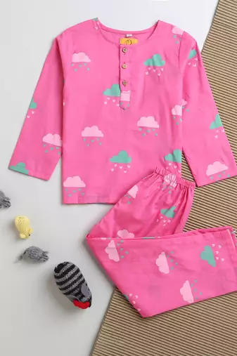 pink multicolor hand screen printed unisex sleepwear set- set of 2