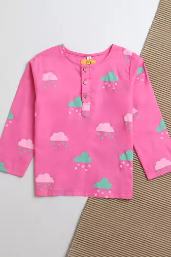 pink multicolor hand screen printed unisex sleepwear set- set of 2