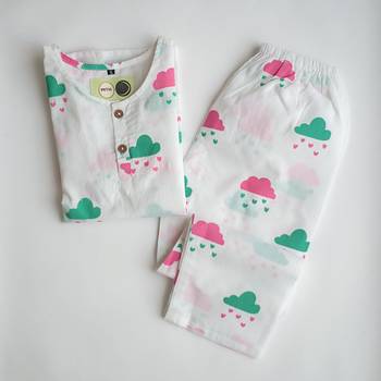 white multicolor hand screen printed unisex sleepwear set- set of 2 1