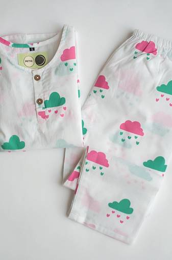 white multicolor hand screen printed unisex sleepwear set- set of 2