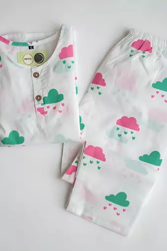 white multicolor hand screen printed unisex sleepwear set- set of 2