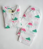 white multicolor hand screen printed unisex sleepwear set- set of 2