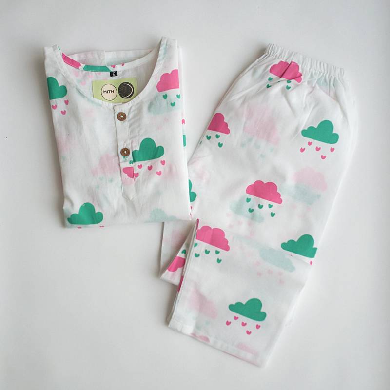 white multicolor hand screen printed unisex sleepwear set- set of 2