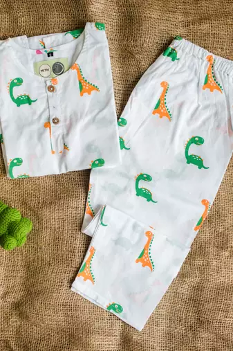 white multicolor hand screen printed unisex sleepwear set- set of 2
