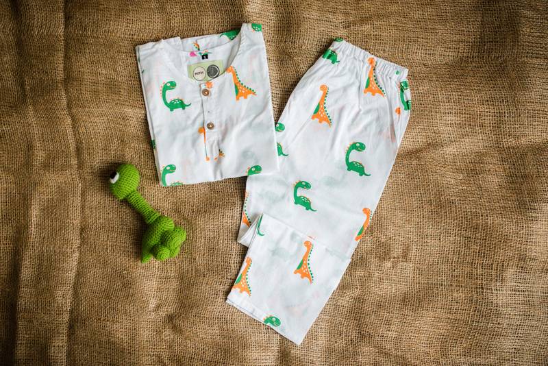 white multicolor hand screen printed unisex sleepwear set- set of 2