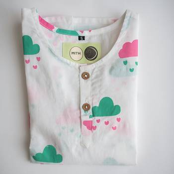 white multicolor hand screen printed unisex sleepwear set- set of 2 3