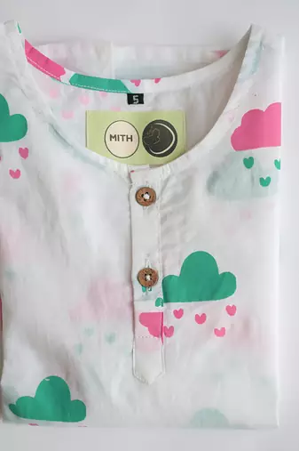 white multicolor hand screen printed unisex sleepwear set- set of 2