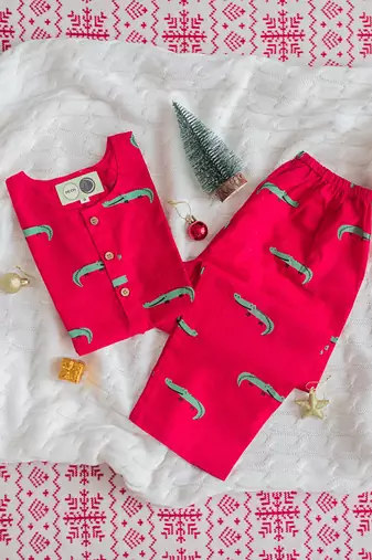 red green hand screen printed unisex sleepwear set- set of 2