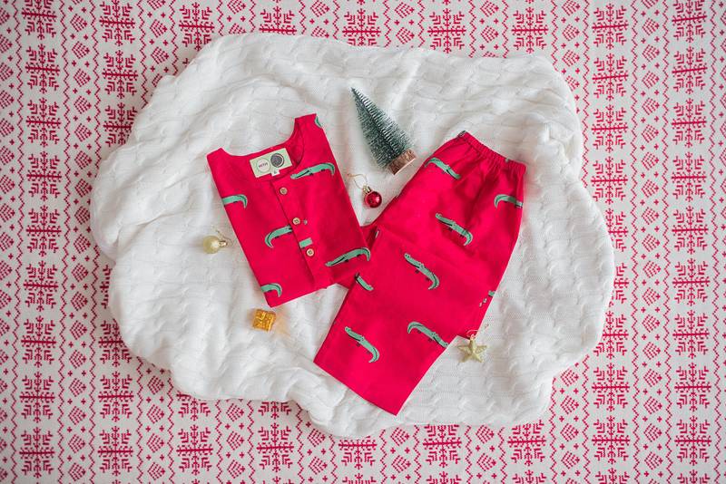 red green hand screen printed unisex sleepwear set- set of 2