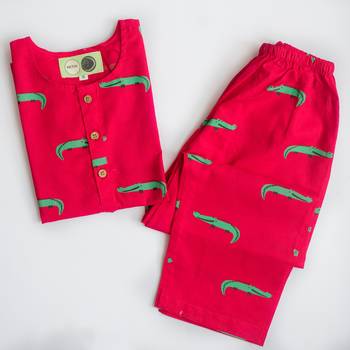 red green hand screen printed unisex sleepwear set- set of 2 2