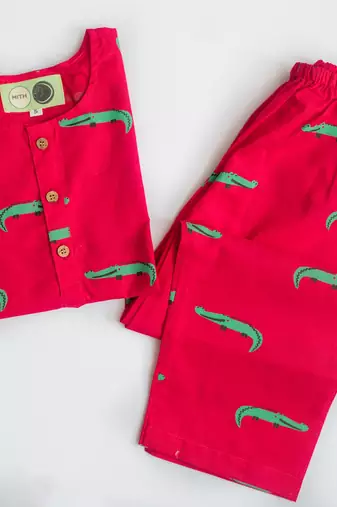 red green hand screen printed unisex sleepwear set- set of 2
