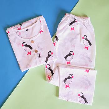 white multicolor hand screen printed unisex sleepwear set- set of 2 1