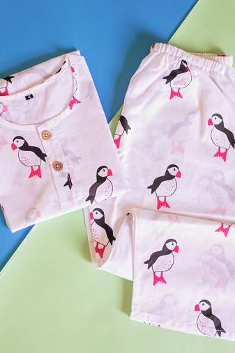 white multicolor hand screen printed unisex sleepwear set- set of 2