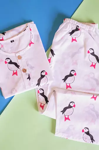 white multicolor hand screen printed unisex sleepwear set- set of 2