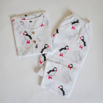 white multicolor hand screen printed unisex sleepwear set- set of 2 2